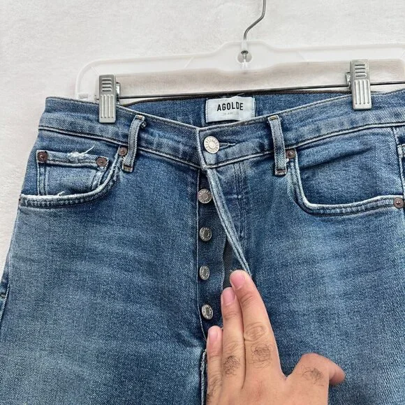 Agolde Nico Jeans Womens 27 (32x25) Blue High Rise Slim Straight Leg Distressed - Picture 7 of 10